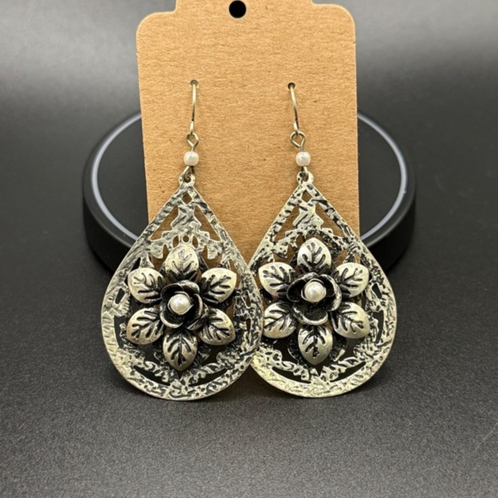 Boho Silver Tone Filigree Floral Teardrop Dangle Earrings with Faux Pearl Accent